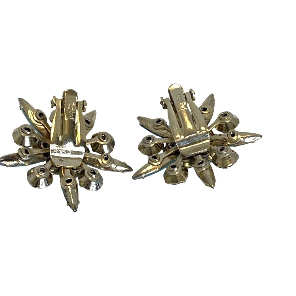 Judy Lee Aqua Blue AB Rhinestone Brooch Pin Clip On Earrings Set Starburst VTG - Picture 7 of 16